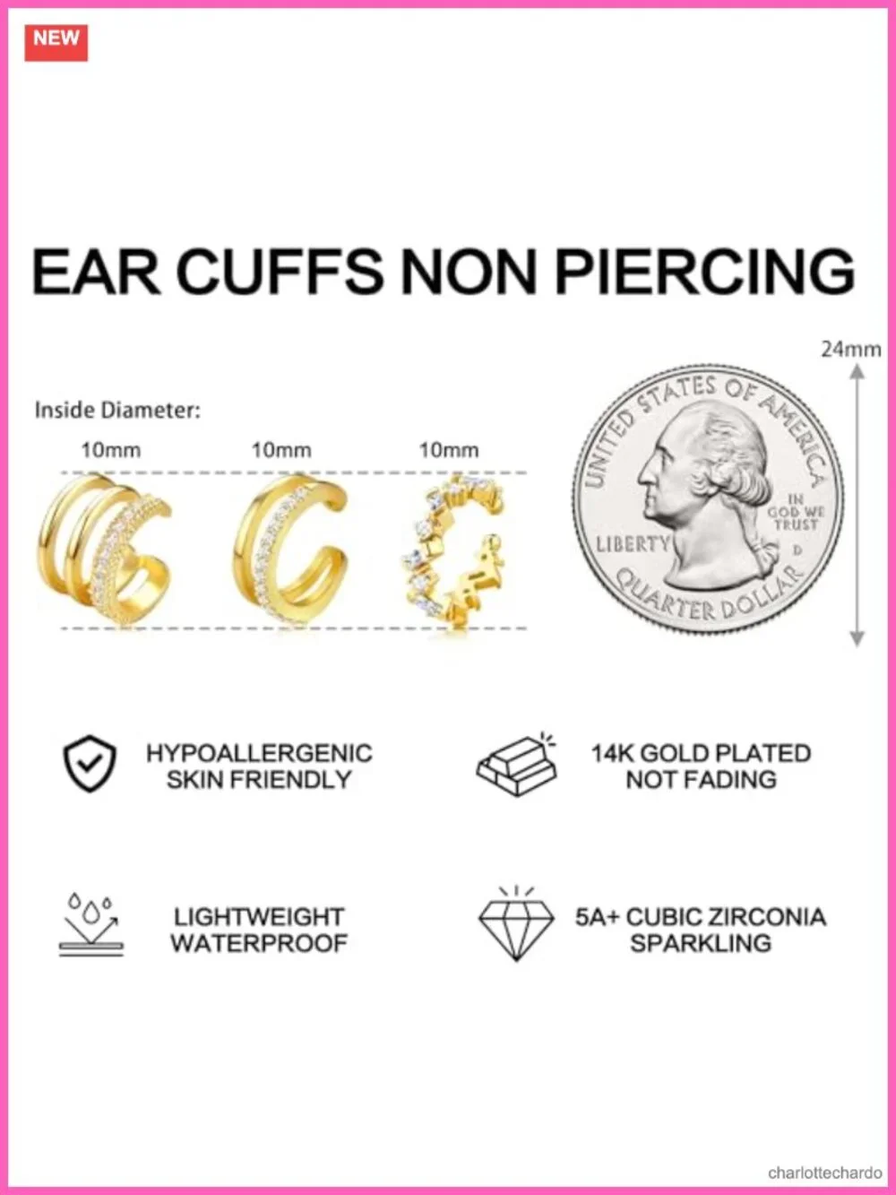 Non-Piercing Ear Cuffs for Women Clip-On Cartilage Earrings Set 14K Gold Plated
